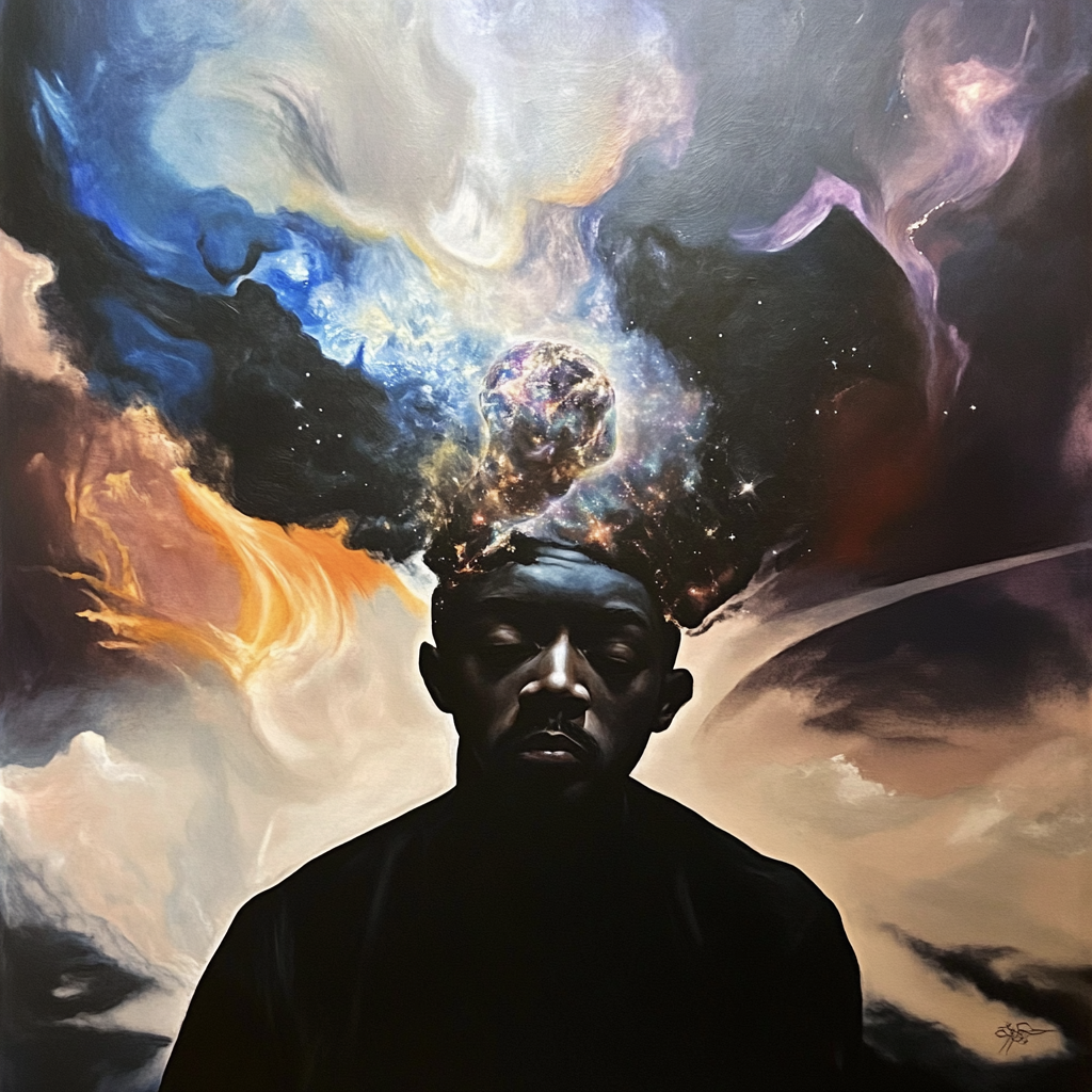 An image of a man with his eyes closed as the universe appears to explode out of his head in dramatic colors
