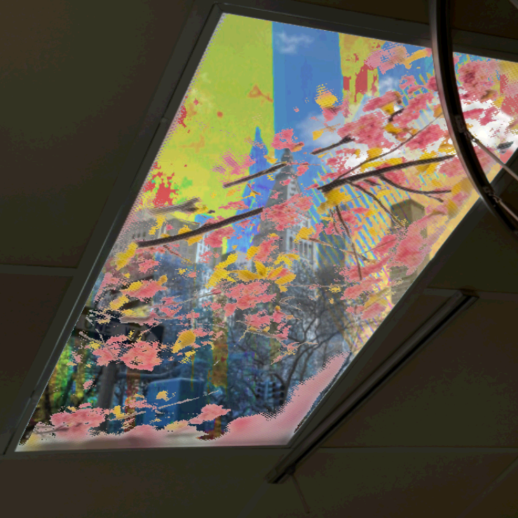 I digitally altered image of what appears to be a window to a colorful city through a window in the ceiling. Made in Luminframe.com