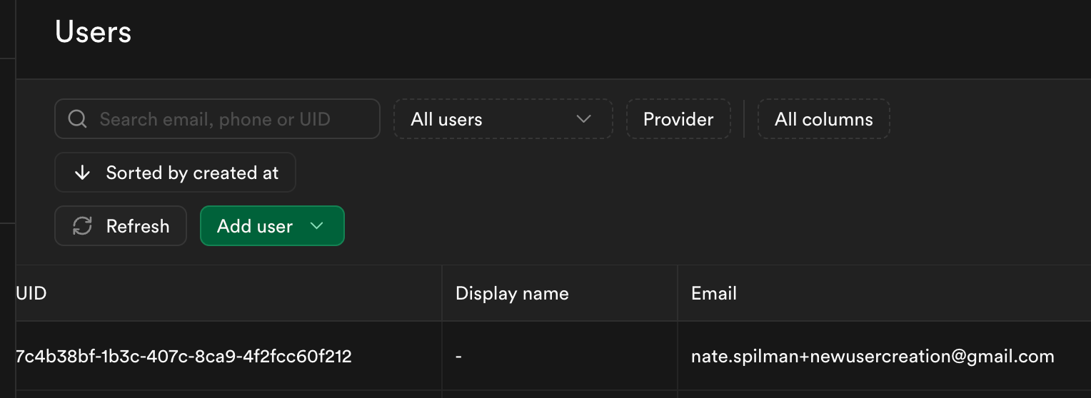 my new user is successfully shown in the Supabase user console